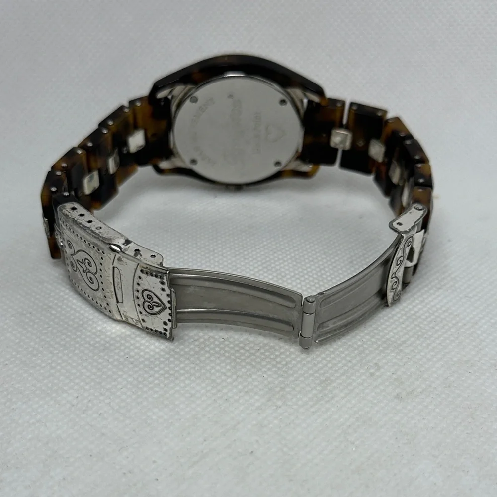 Brighton Women's Silver and Brown Tortoise Link Heart Watch w/ Rhinestones 2.75”